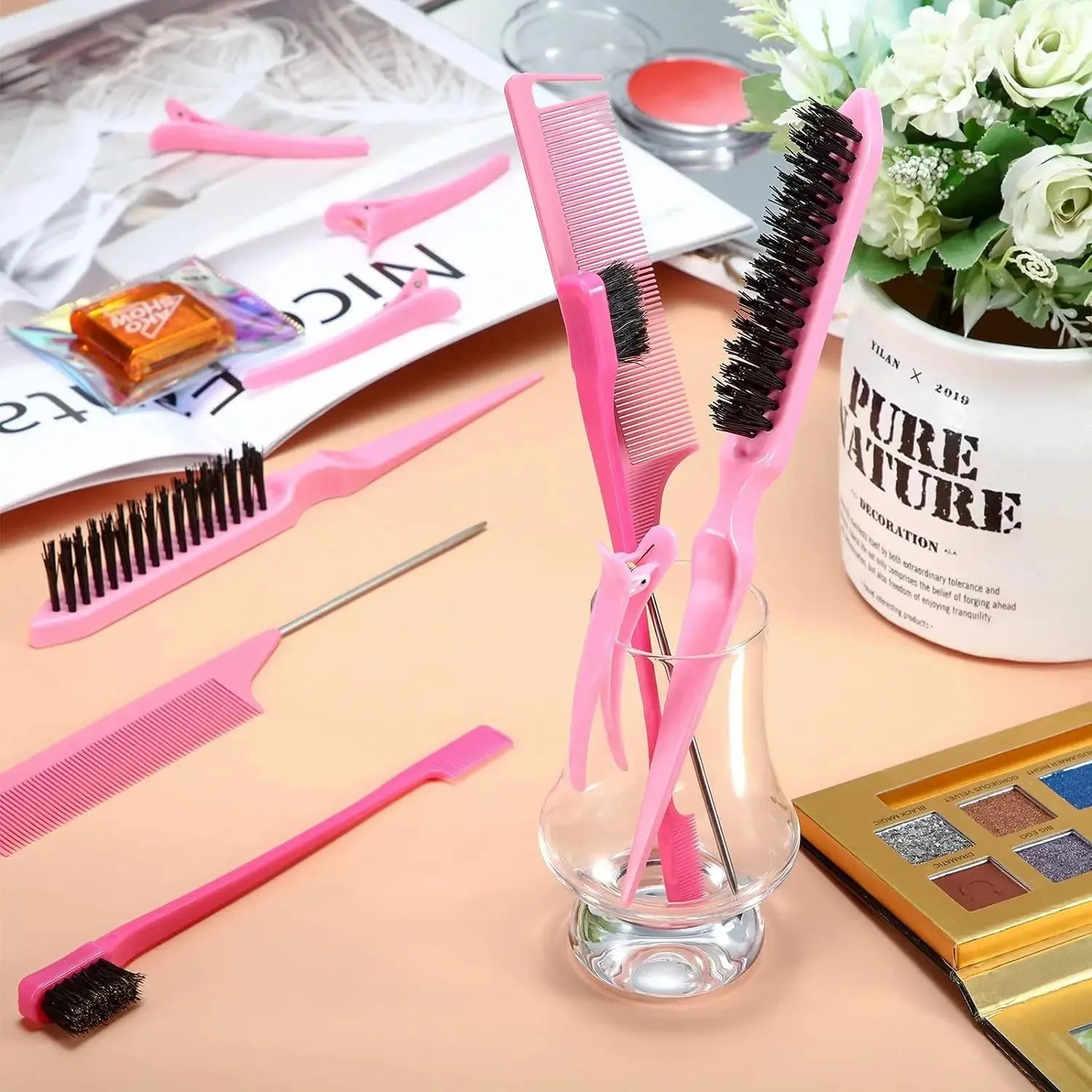 3Pcs Slick Back Hair Brush Set Teasing Hair Brush Triple Teasing Comb Rat Tail Combs Edge Brush Hair Tail Tools Braid Tool Loop