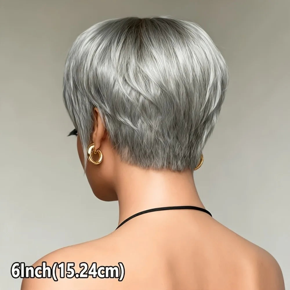 Human Hair Wig - Short 6-Inch Pixie with Grey# Color, 150% Density Natural Look,full machine made wig for Casual Attire & for ha