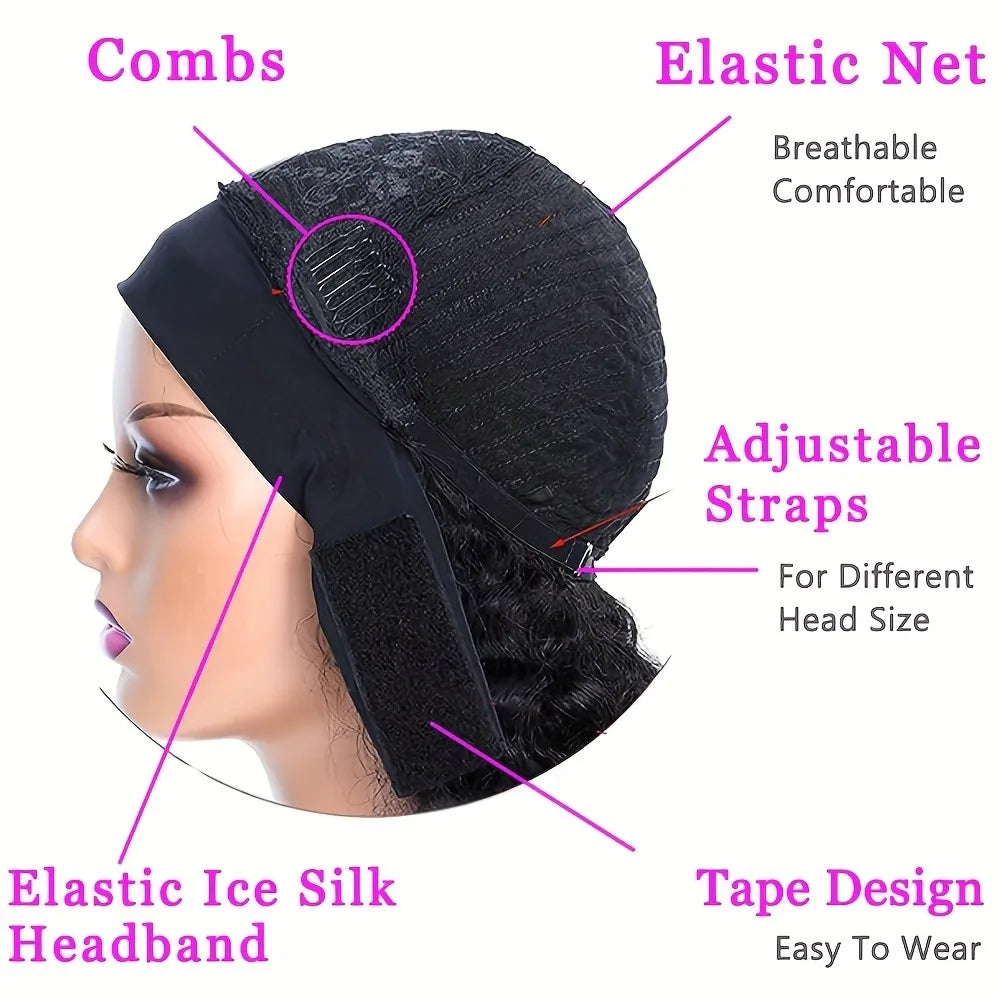 Women's Headband Human Hair Wig | Short Afro Water Wave Wig with Rose Net Cap | Ideal for Cosplay,full Machine Made