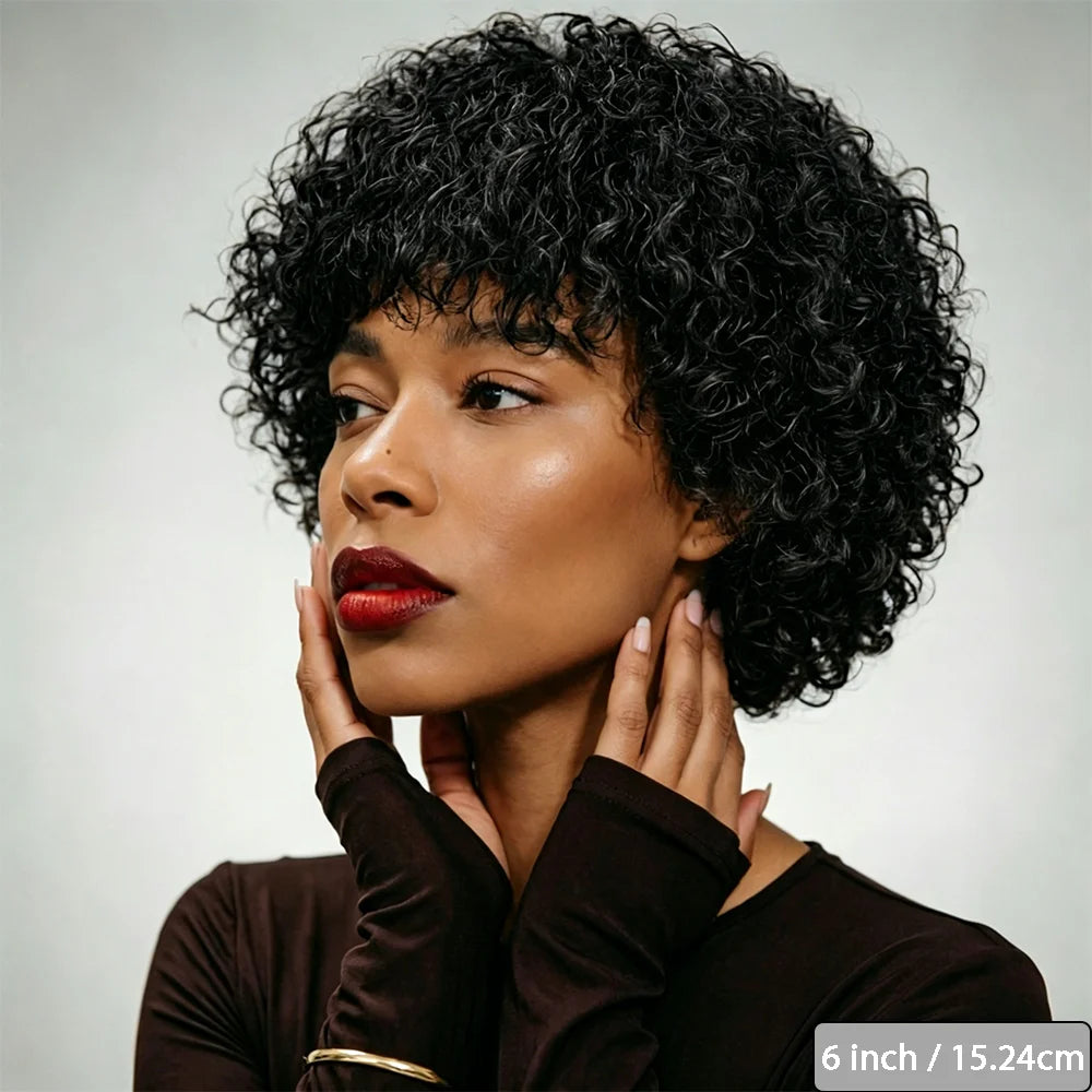 Human Hair Wig Black Kinky Curly Wig with Bangs Density180% Machine Made Breathable Cap Natural Looking for Women Daily Casual