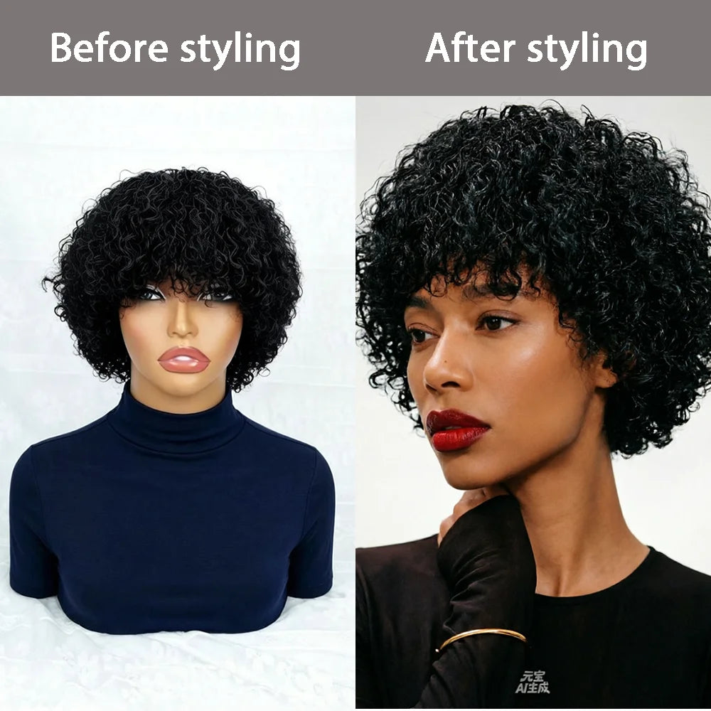 Human Hair Wig Black Kinky Curly Wig with Bangs Density180% Machine Made Breathable Cap Natural Looking for Women Daily Casual